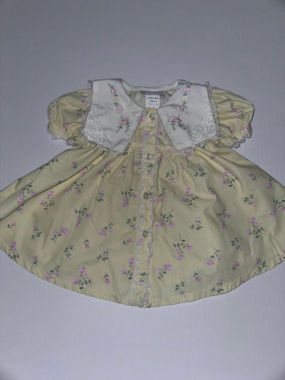 VTG 90's Pastel Yellow Floral 12M Dress Lace Embroidered Detail Expressions #610